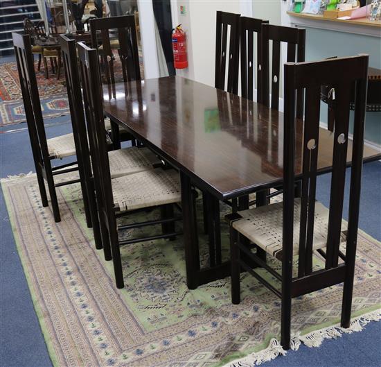 A MacIntosh style dining table and six chairs W.216cm